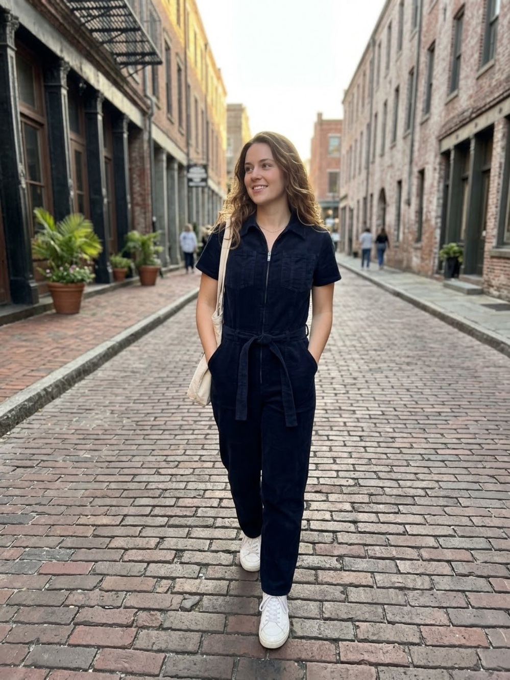 Habitual Navy Corduroy Short Sleeve Utility Chic Jumpsuit with Belt 6 Small